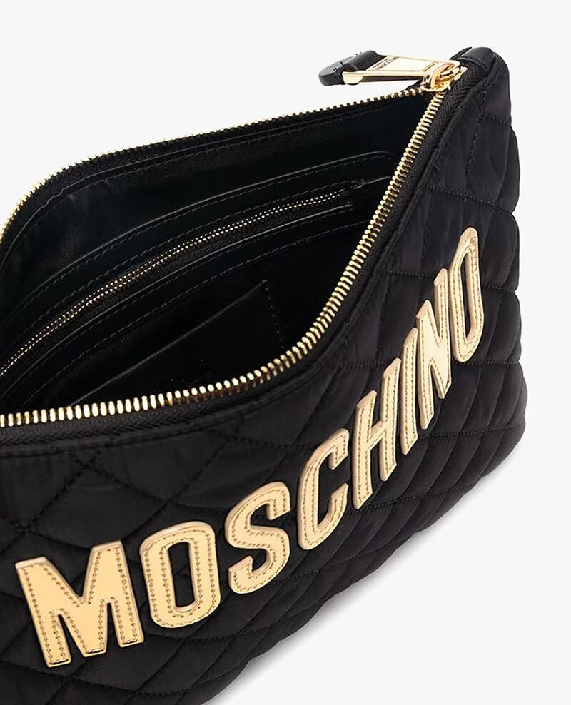 MOSCHINO Logo-patch Quilted Clutch Bag In Black