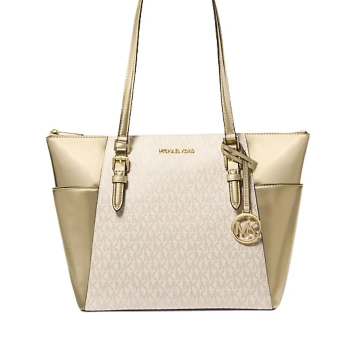 MICHAEL KORS Charlotte Large Signature Logo and Metallic Top-Zip Tote Bag Pale Gold