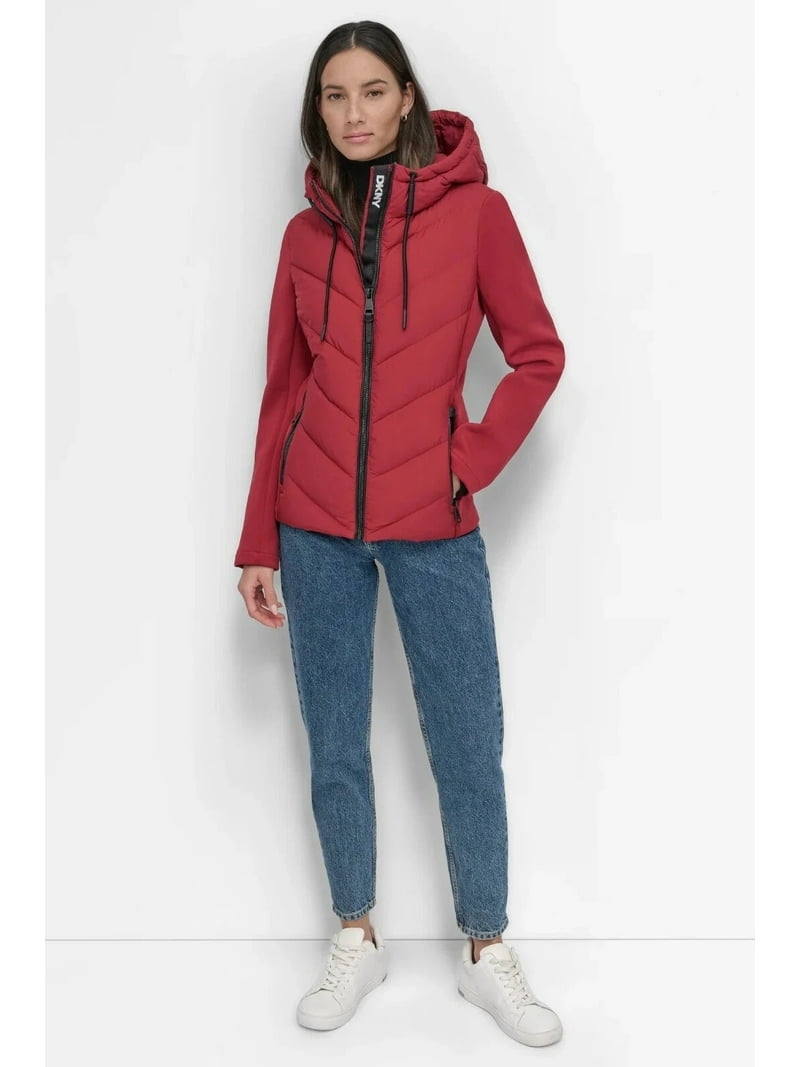 DKNY Size L Women’s Red Puffer Jacket – Lightweight Quilted Winter Coat with Hood, Warm Insulated Outerwear for Cold Weather