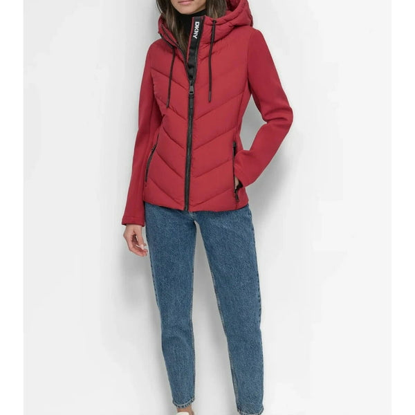 DKNY Size L Women’s Red Puffer Jacket – Lightweight Quilted Winter Coat with Hood, Warm Insulated Outerwear for Cold Weather