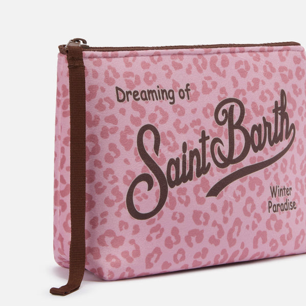 MC2 SAINT BARTH ALINE BEIGE ALINE WOOL-EFFECT CLUTCH BAG WITH PINK LEOPARD PRINT