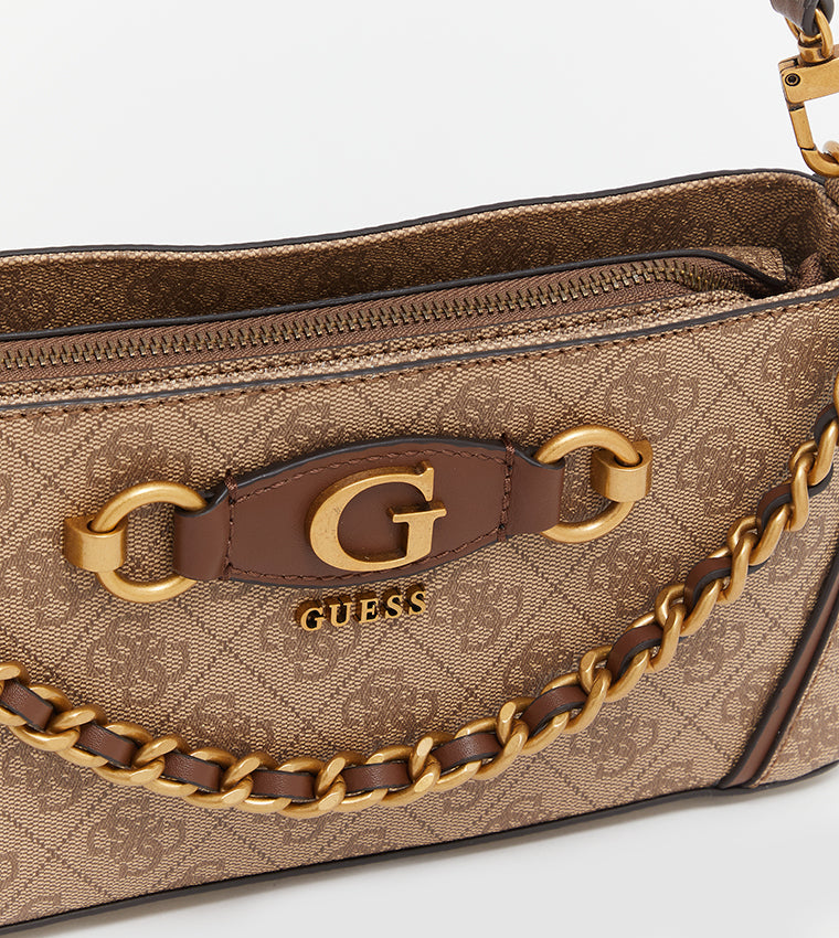Guess Izzy Top Zip Shoulder Bag for Women Latte Logo Brown