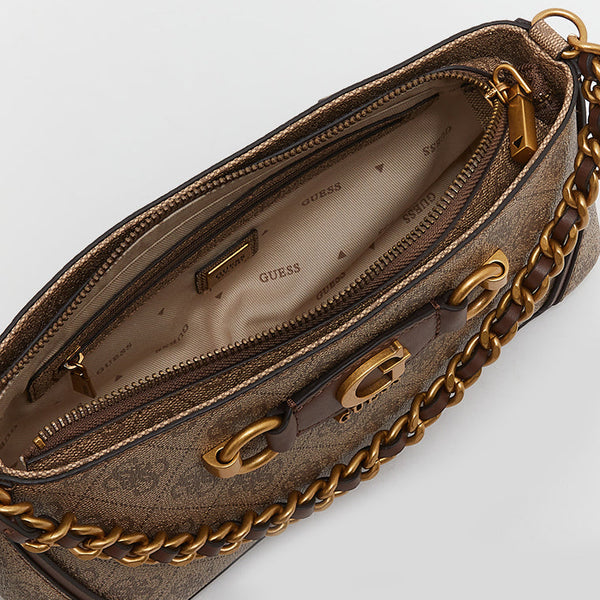 Guess Izzy Top Zip Shoulder Bag for Women Latte Logo Brown