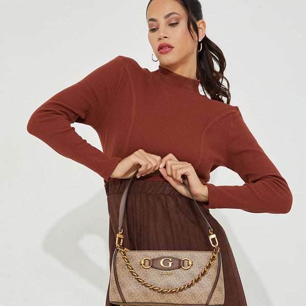 Guess Izzy Top Zip Shoulder Bag for Women Latte Logo Brown