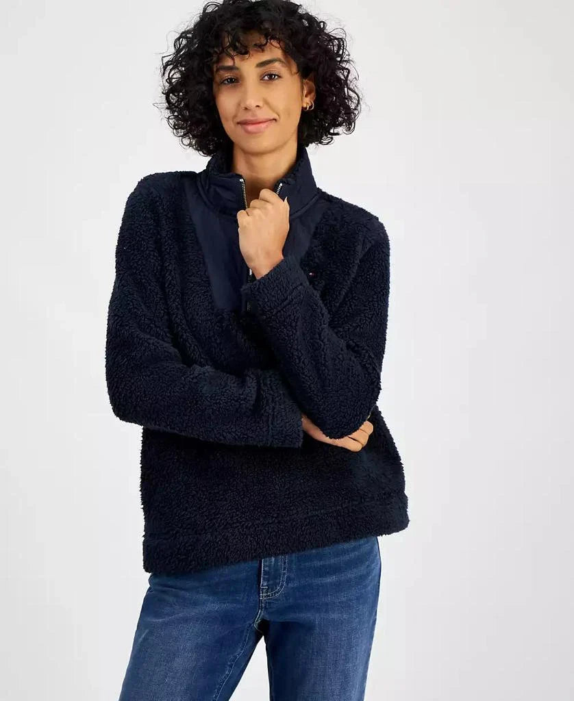 Tommy Hilfiger Women's Sherpa Mock Neck Long-Sleeve Sweatshirt in navy blue size medium