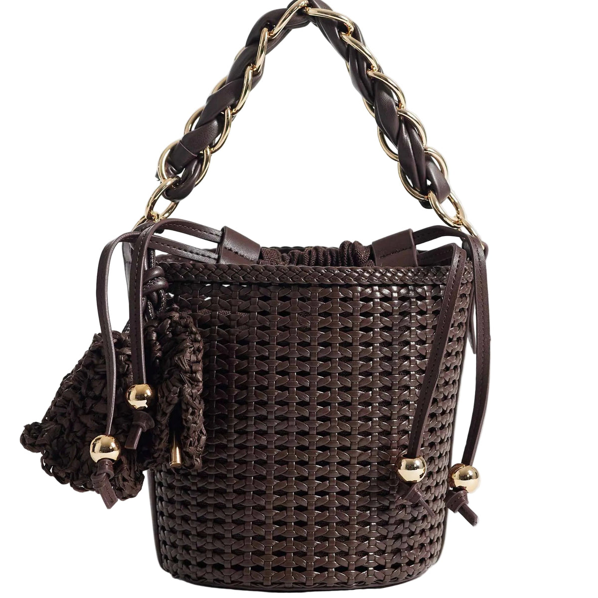 River Island Metal Handle Woven Bucket Bag in Brown