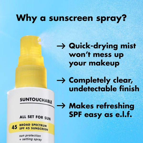 Elf Suntouchable All Set for Sun SPF 45 Broad-spectrum SPF 45 sunscreen and clear makeup setting spray