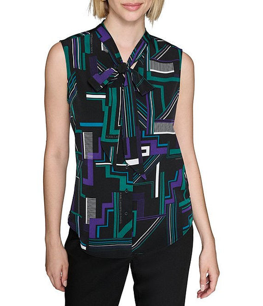 KARL LAGERFELD PARIS Printed Woven Tie Neck Sleeveless Button Down Blouse size small