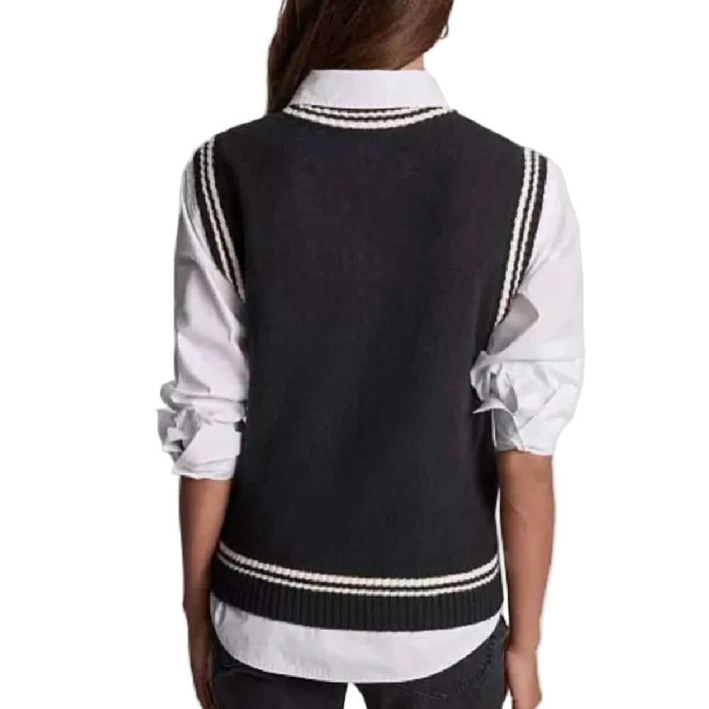 DKNY Women Printed Vest Round Neck Sweater in Black