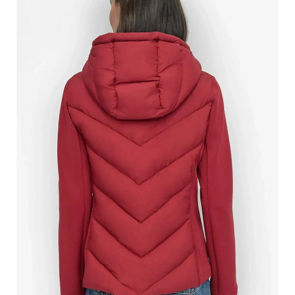 DKNY Size L Women’s Red Puffer Jacket – Lightweight Quilted Winter Coat with Hood, Warm Insulated Outerwear for Cold Weather