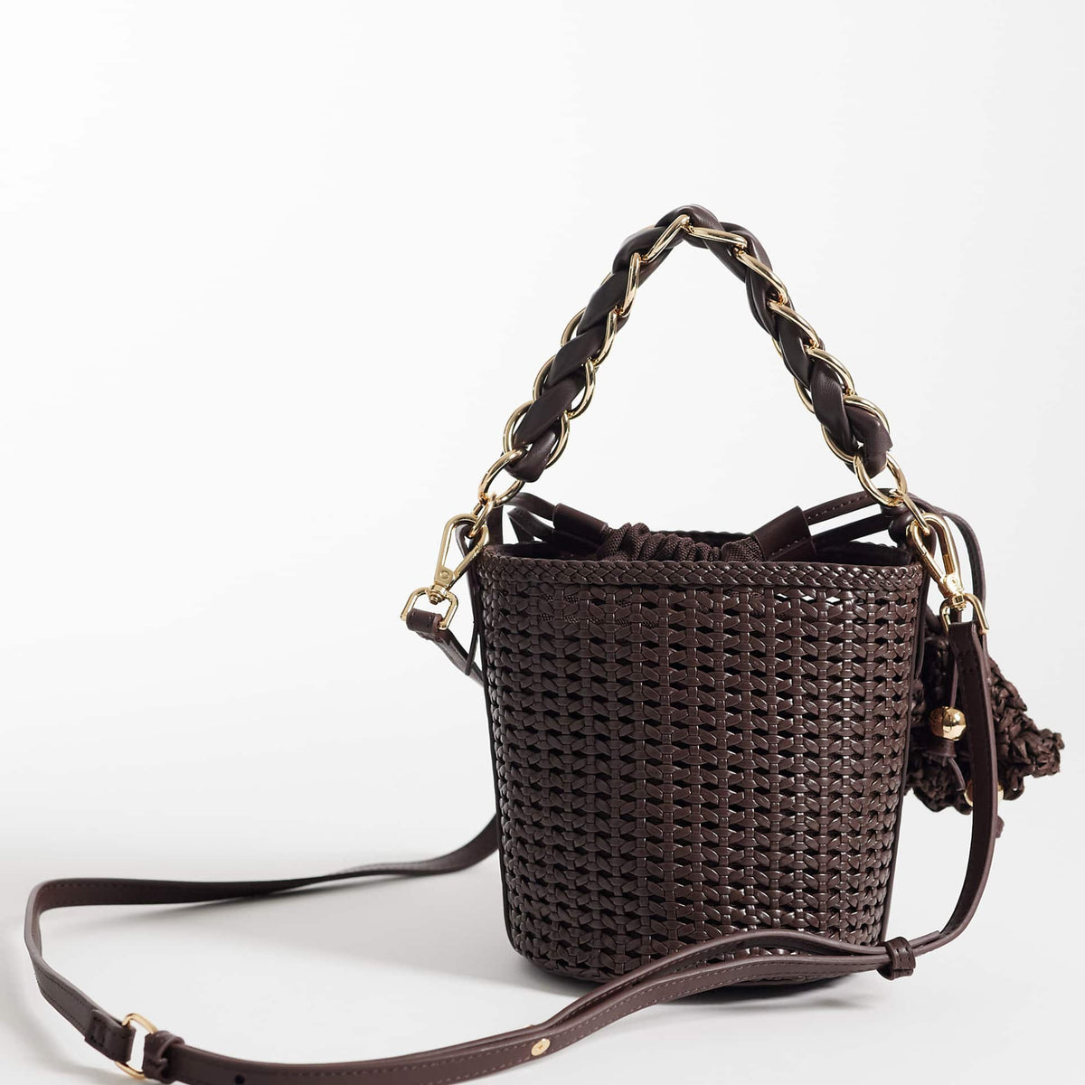 River Island Metal Handle Woven Bucket Bag in Brown
