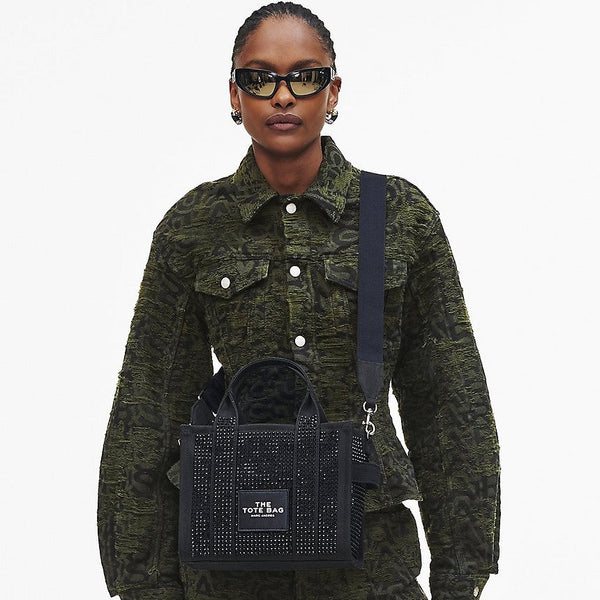 MARC JACOBS THE CRYSTAL CANVAS SMALL TOTE BAG IN BLACK