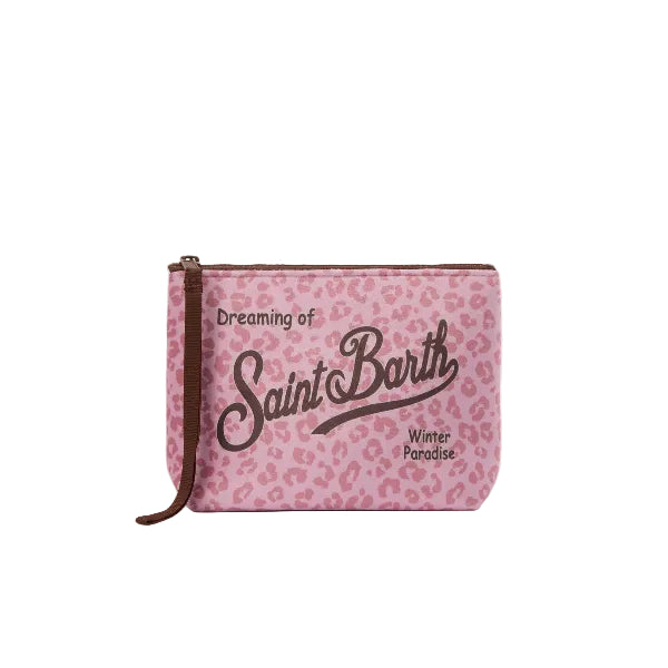 MC2 SAINT BARTH ALINE BEIGE ALINE WOOL-EFFECT CLUTCH BAG WITH PINK LEOPARD PRINT