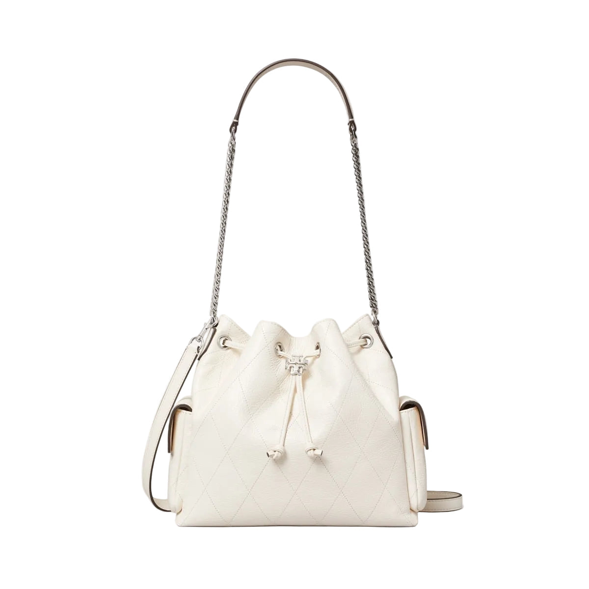 Tory Burch Charlie Quilted Drawstring Shoulder Bag In White