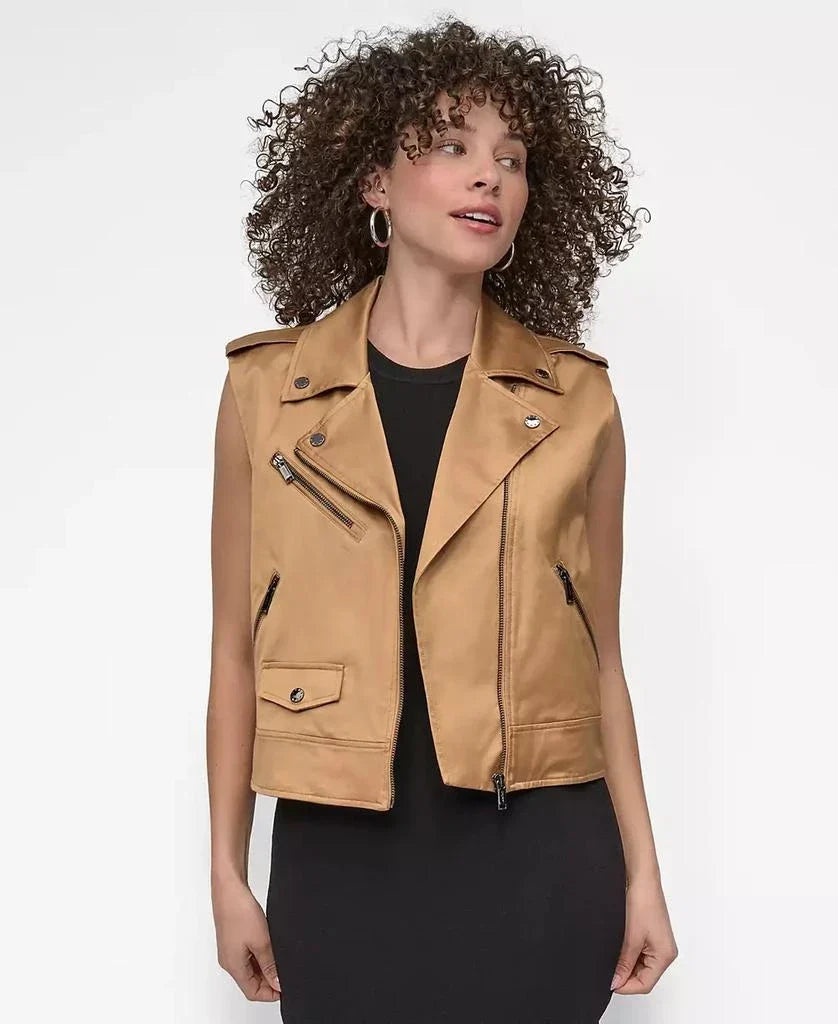 DKNY Faux Leather Moto Vest in Brown
