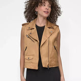 DKNY Faux Leather Moto Vest in Brown