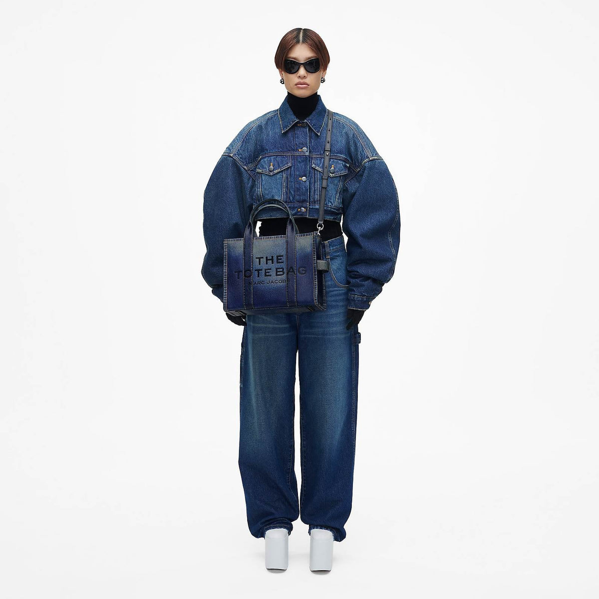 THE DENIM-PRINTED LEATHER MEDIUM TOTE BAG MARC JACOBS