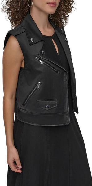 DKNY Faux Leather Moto Vest in Black