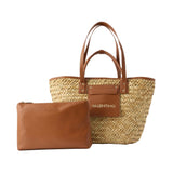 Valentino Woven Straw Tote Bag with Brown Leather Trim