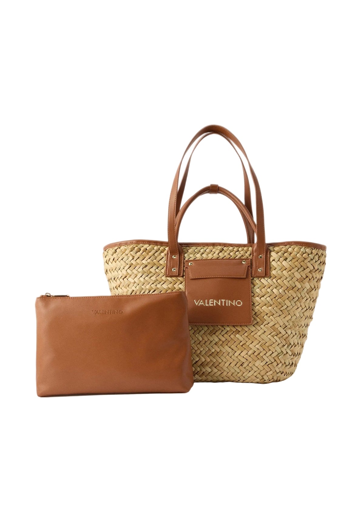 Valentino Woven Straw Tote Bag with Brown Leather Trim