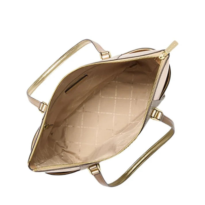 MICHAEL KORS Charlotte Large Signature Logo and Metallic Top-Zip Tote Bag Pale Gold
