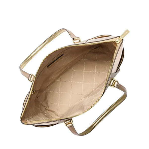 MICHAEL KORS Charlotte Large Signature Logo and Metallic Top-Zip Tote Bag Pale Gold