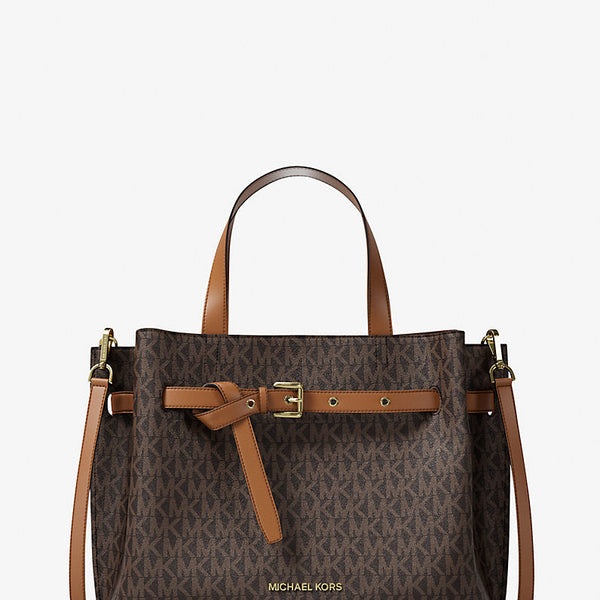Michael Kors Emilia Medium Signature Logo Satchel in Dark Brown