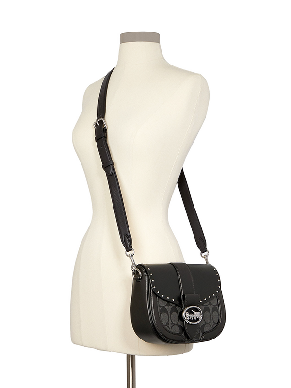Coach Georgie Saddle Bag In Colorblock Signature Canvas With Rivets Silver Graphite/Black Multi