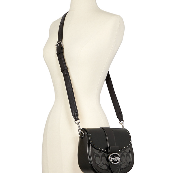 Coach Georgie Saddle Bag In Colorblock Signature Canvas With Rivets Silver Graphite/Black Multi