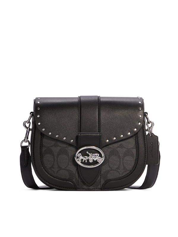 Coach Georgie Saddle Bag In Colorblock Signature Canvas With Rivets Silver Graphite/Black Multi