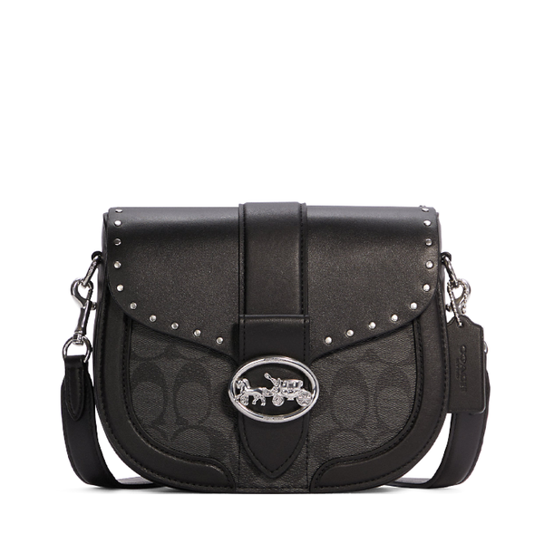 Coach Georgie Saddle Bag In Colorblock Signature Canvas With Rivets Silver Graphite/Black Multi