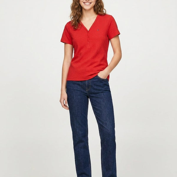 Tommy Hilfiger Textured Henley Tee – Crimson Red large
