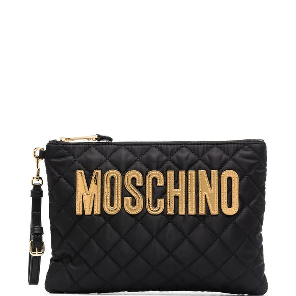 MOSCHINO Logo-patch Quilted Clutch Bag In Black