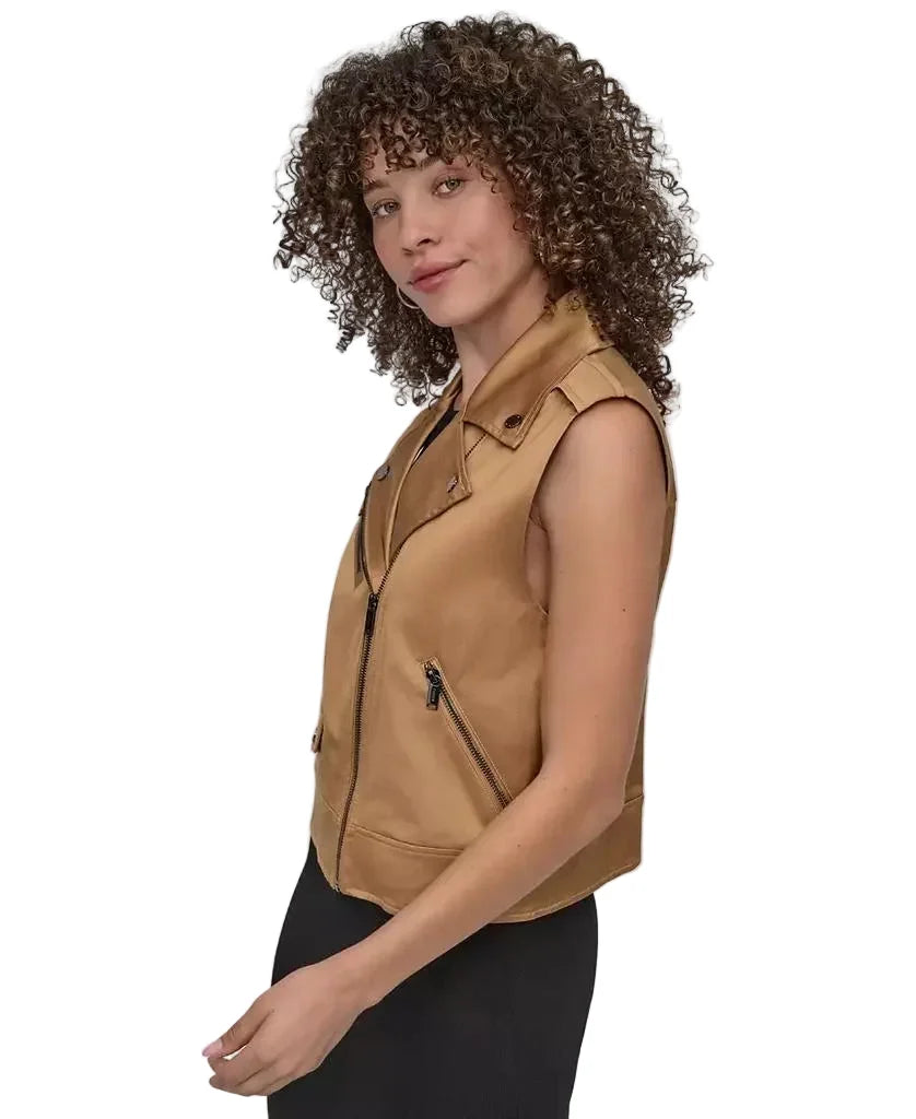 DKNY Faux Leather Moto Vest in Brown