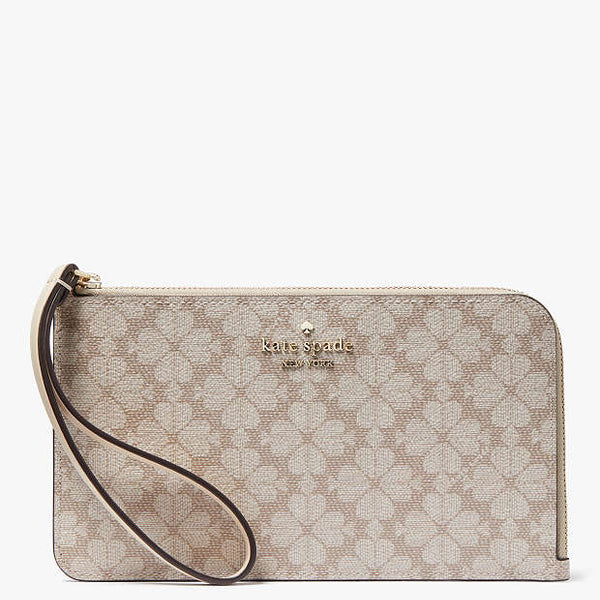 Kate Spade Lucy Spade Flower Medium L-zip Wristlet beige