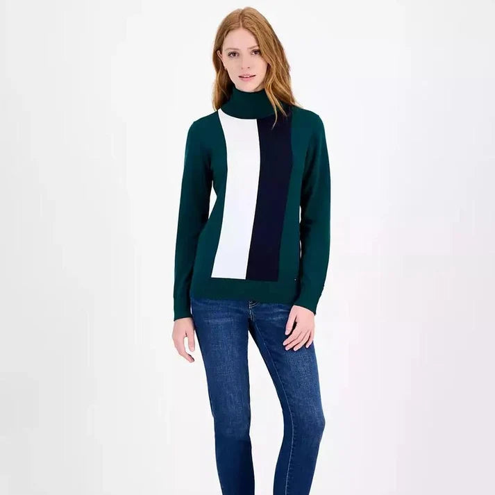 Tommy Hilfiger Women's Cotton Vertical Stripe Turtleneck Sweater size L