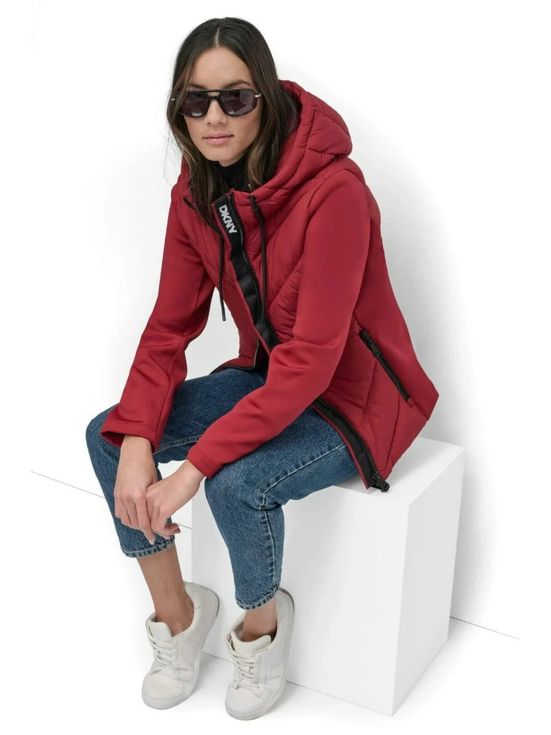 DKNY Size L Women’s Red Puffer Jacket – Lightweight Quilted Winter Coat with Hood, Warm Insulated Outerwear for Cold Weather