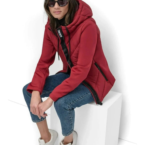 DKNY Size L Women’s Red Puffer Jacket – Lightweight Quilted Winter Coat with Hood, Warm Insulated Outerwear for Cold Weather