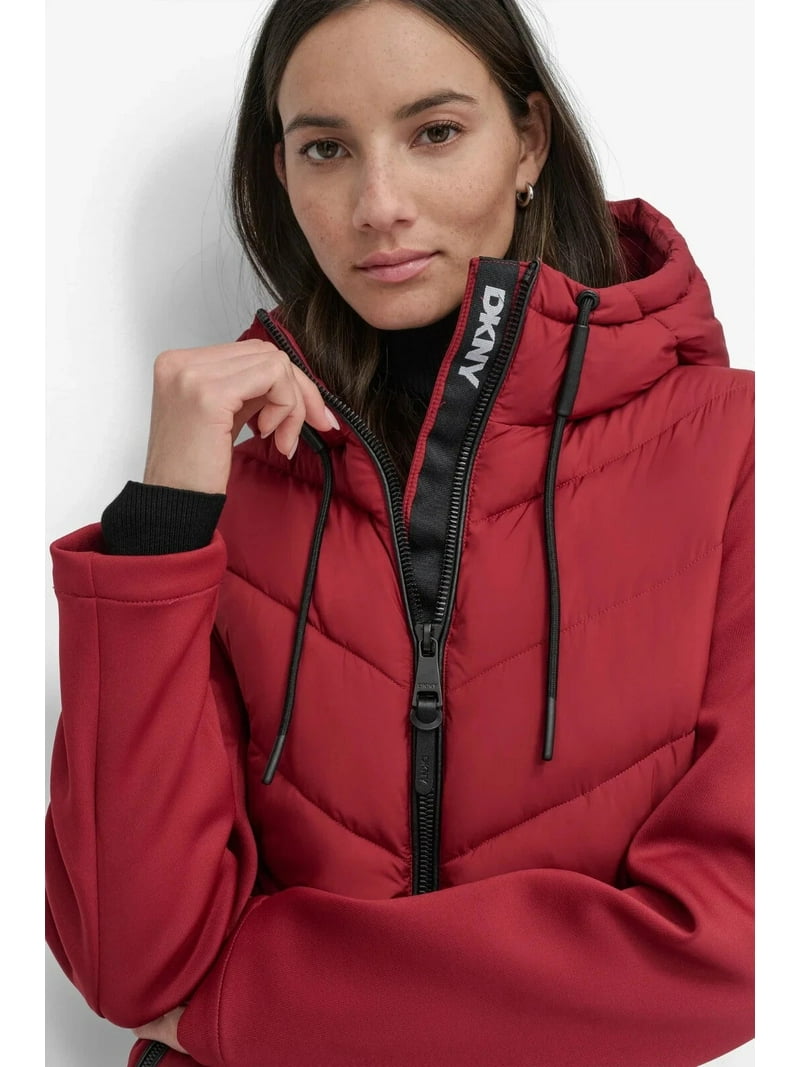 DKNY Size L Women’s Red Puffer Jacket – Lightweight Quilted Winter Coat with Hood, Warm Insulated Outerwear for Cold Weather
