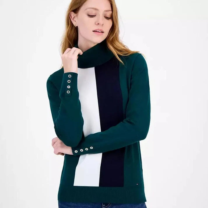 Tommy Hilfiger Women's Cotton Vertical Stripe Turtleneck Sweater size L