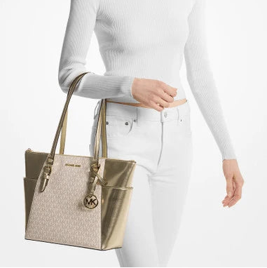 MICHAEL KORS Charlotte Large Signature Logo and Metallic Top-Zip Tote Bag Pale Gold