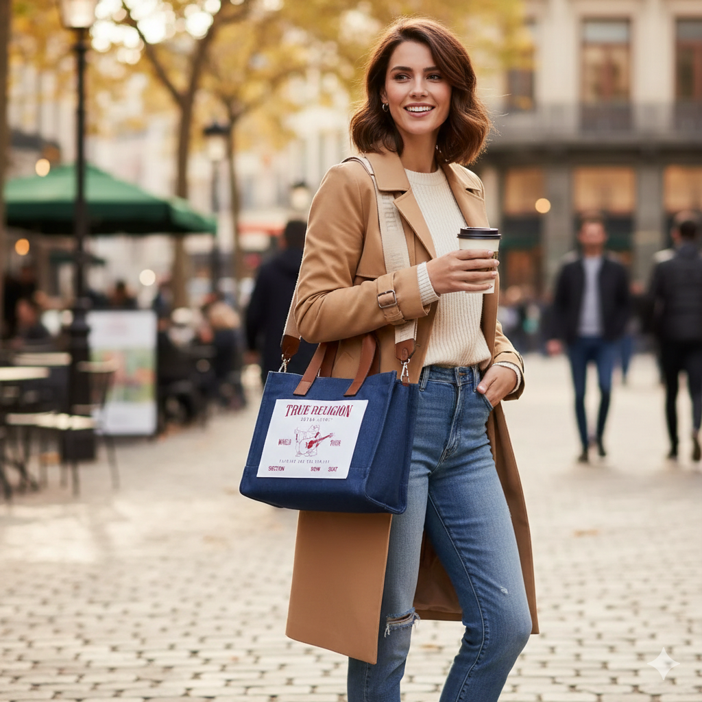 True religion medium denim tote bag