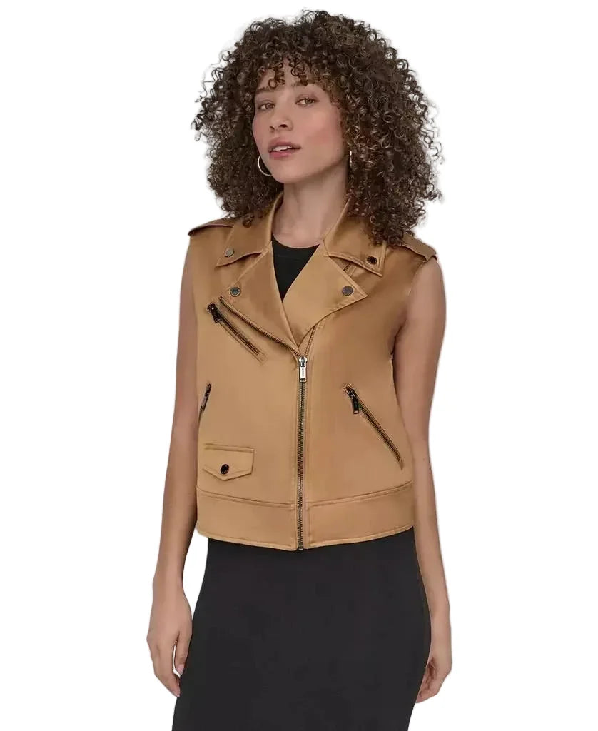 DKNY Faux Leather Moto Vest in Brown