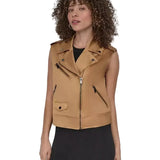 DKNY Faux Leather Moto Vest in Brown