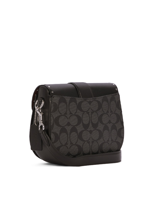 Coach Georgie Saddle Bag In Colorblock Signature Canvas With Rivets Silver Graphite/Black Multi