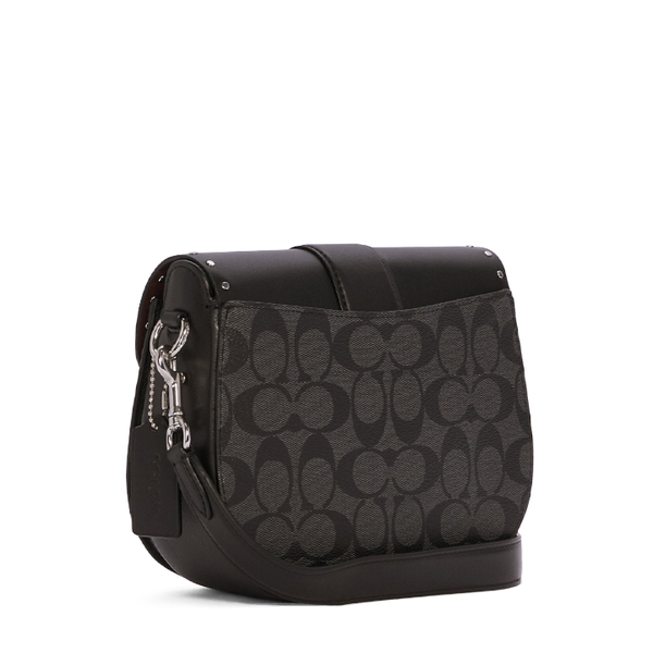 Coach Georgie Saddle Bag In Colorblock Signature Canvas With Rivets Silver Graphite/Black Multi