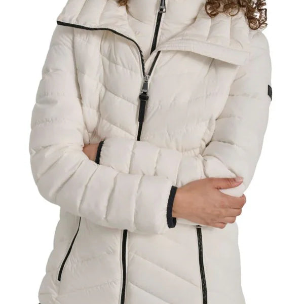 DKNY Missy Chevron Quilted Bib-Front Puffer Jacket Loden Pearl M