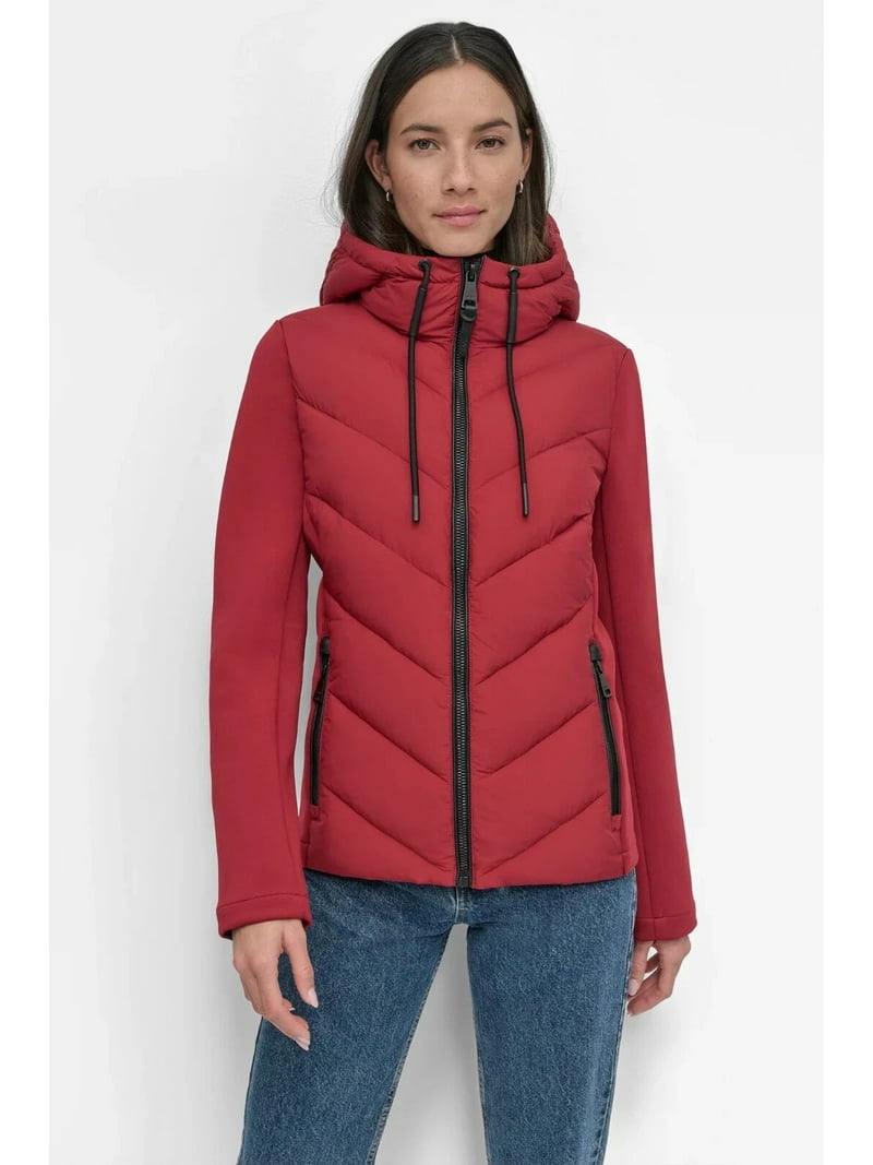 DKNY Size L Women’s Red Puffer Jacket – Lightweight Quilted Winter Coat with Hood, Warm Insulated Outerwear for Cold Weather