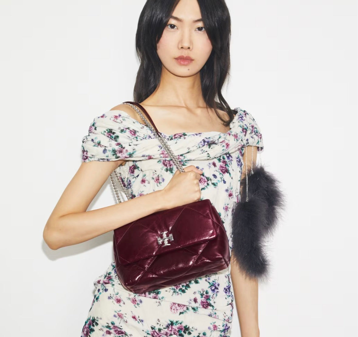 Tory Burch Small Kira Diamond Quilted DISTRESSED Shoulder Bag In BURGUNDY