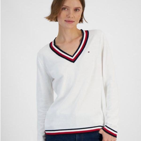 Tommy Hilfiger Women's Contrast-Trim V-Neck Sweater White XL
